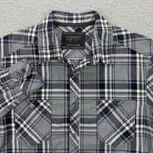 Esprit Shirt Mens Extra Small XS Grey Plaid Slim Fit Button Up Polo Vintage Y2K